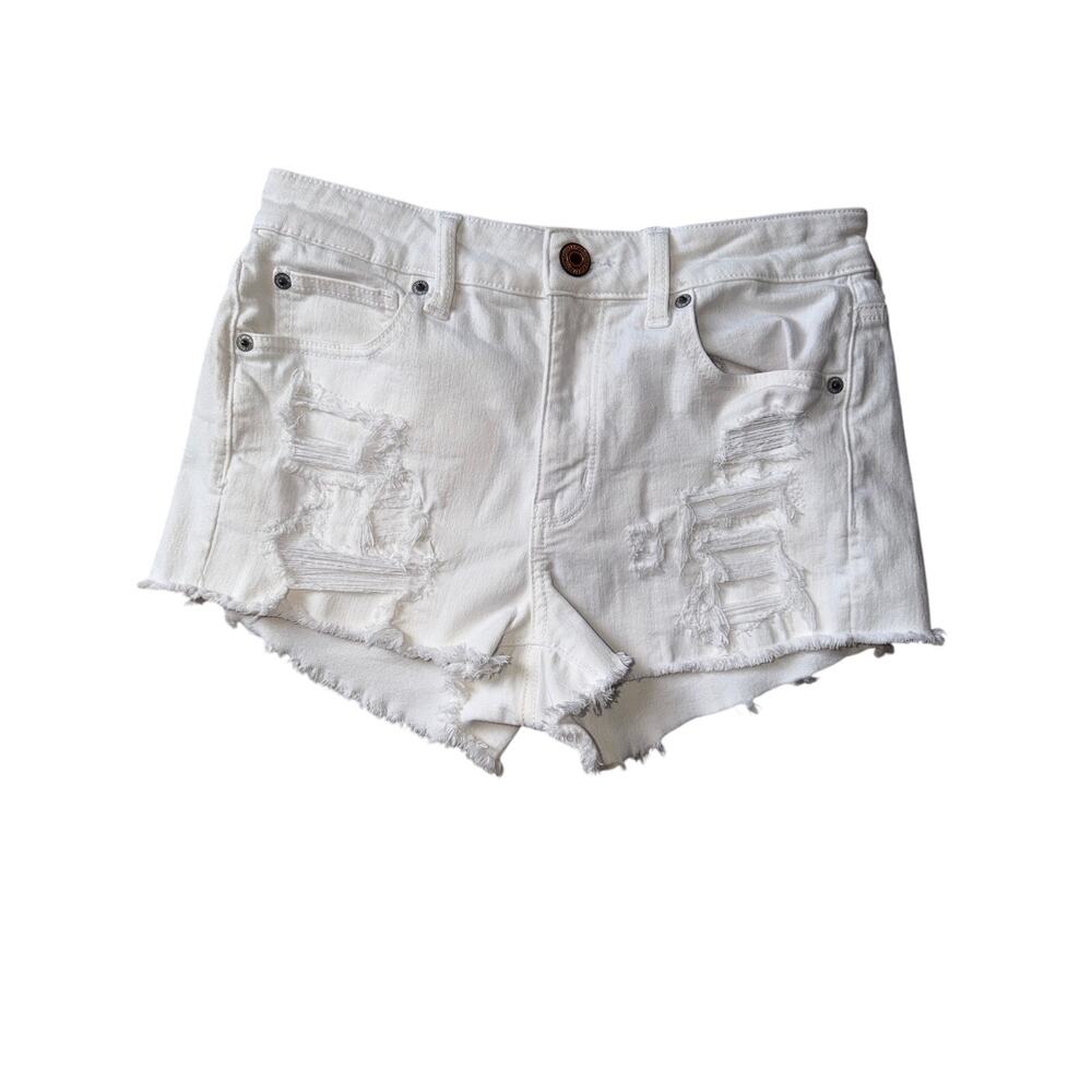 American Eagle White Distressed Denim Mid Rise Short Shorts Size 8 Frayed Hem